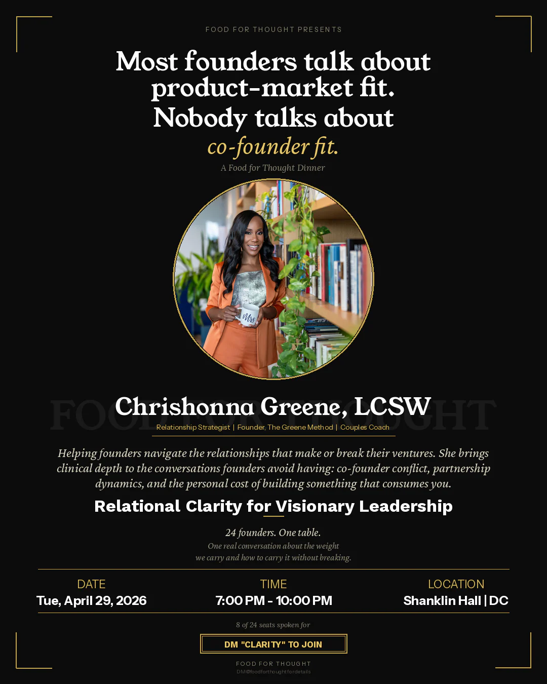 Flyer for a Food for Thought dinner featuring Chrishonna Greene, LCSW, speaking on Relational Clarity for Visionary Leadership