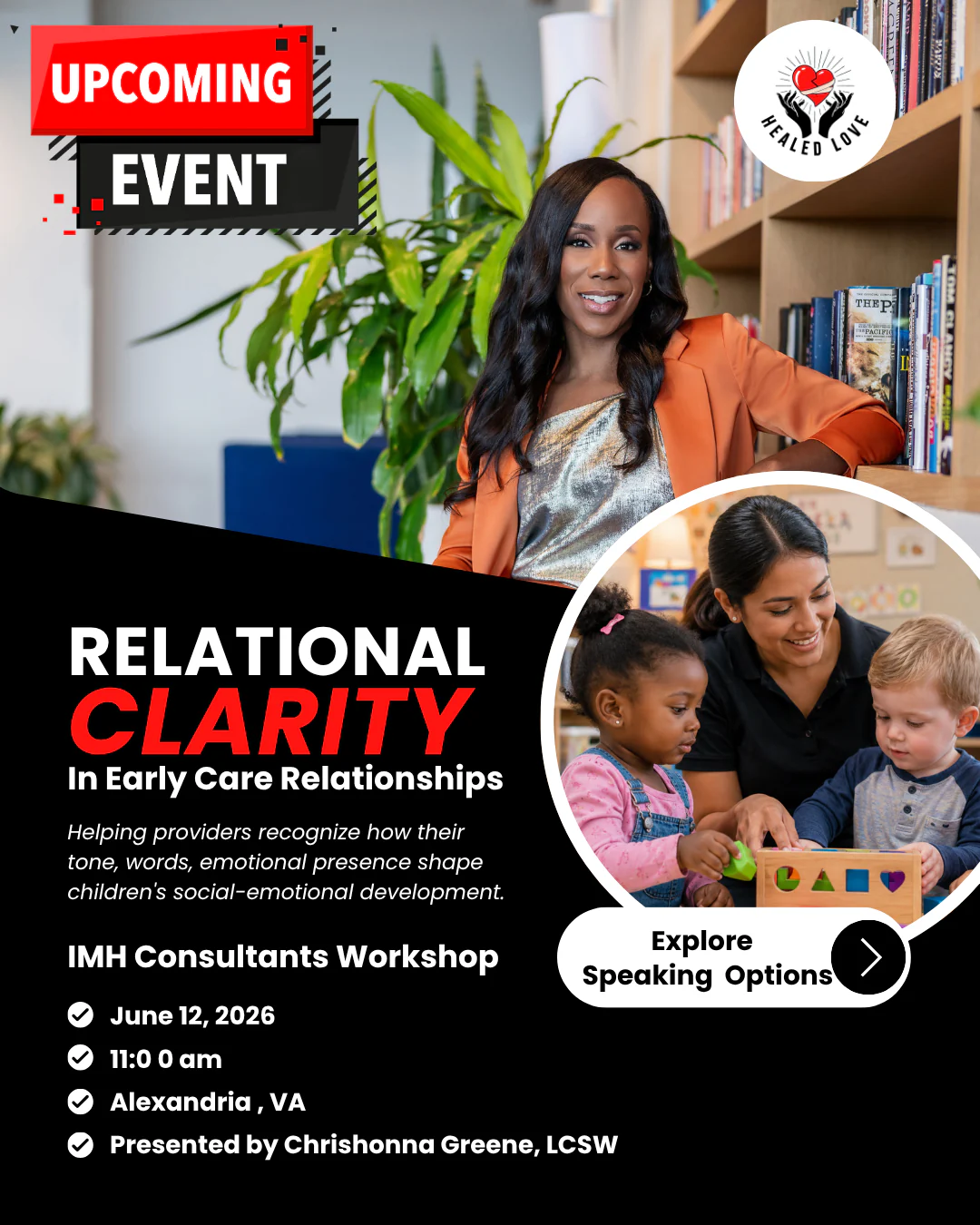 Flyer for the IMH Consultants workshop, Relational Clarity in Early Care Relationships, presented by Chrishonna Greene, LCSW